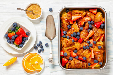 berry croissant casserole in baking dish, top view