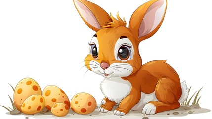 Cute Cartoon Rabbit Sitting in Grass Field with Easter Eggs