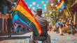 © Aliyah - parade man disability inclusion back event pride differences in diverse pride wheelchair celebrating disabled rainbow empowerment gay with flag lgbtq equality candid view celebrating