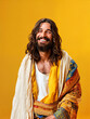 A smiling man who looks like Jesus on a yellow background. Modern interpretation of the Christian religion. Faith in God