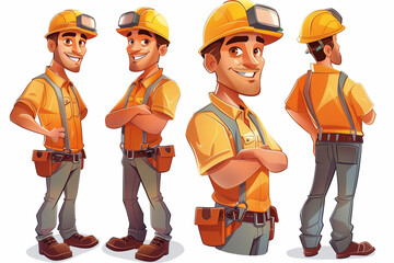 Wall Mural - A cartoon man in a yellow shirt and blue overalls is holding a piece of wood. He is smiling and he is a construction worker