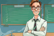 A cartoon man is standing in front of a green board with a smile on his face. He is wearing a tie and glasses
