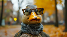 Dapper Duck Waddles Through City Streets In Stylish Attire, Embodying Street Fashion With Avian Charm.