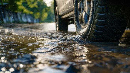 Car driving on a flooded road covered with pouring rain water