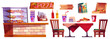 Pizzeria interior and furniture. Pizza cafe vector illustration set. Italian food shop inside object collection. Dinner table, chair, sauce and showcase on wooden counter. Modern dining court in mall