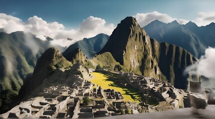 Vanilla sky with Machu picchu background in paper art and craft design concept. generative.AI
