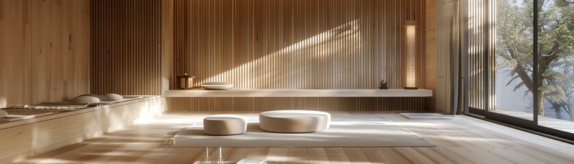 Wall Mural - Simple Japandi room with bare wood aesthetics, 3D rendered, soft lighting from skylight