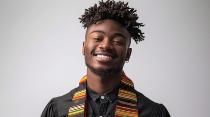 African American man with short curly hair smiling, wearing a black graduation gown