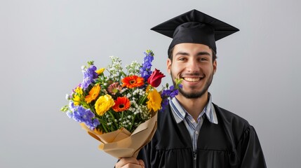 Wall Mural - Young happy man in graduation gown holding bouquet of flowers on gray background