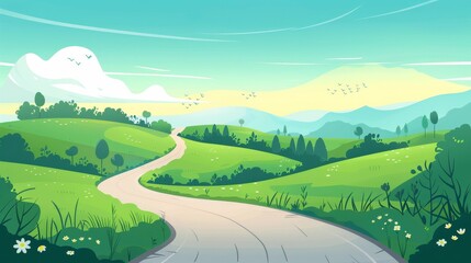 Wall Mural - A serene country road winding through lush green hills under a calm blue sky