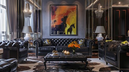 Wall Mural - luxurious and stylish home interior design with black chesterfield sofa and armchairs