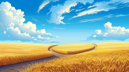 Wall Mural - Golden wheat field with a surreal looping pathway under a blue sky