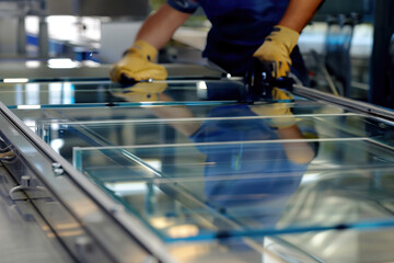 Workers inspecting glass sheets for windows,  manufacturing process in factory.