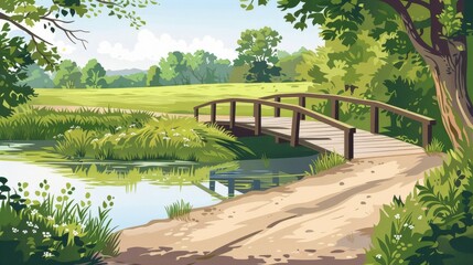 Wall Mural - Serene wooden bridge over a tranquil pond amidst lush greenery