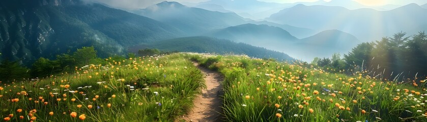 Wall Mural - Winding Trail Through Lush Mountain Meadow Filled with Vibrant Wildflowers Offering a Serene and Picturesque Nature Escape