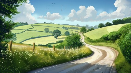 Wall Mural - Sunny countryside road meandering through vibrant green fields