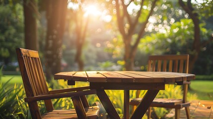 Wall Mural - Outdoor wooden table and chair in garden