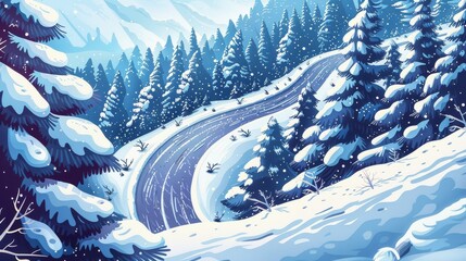 Wall Mural - Winter wonderland with a winding snowy path through serene blue hued forests