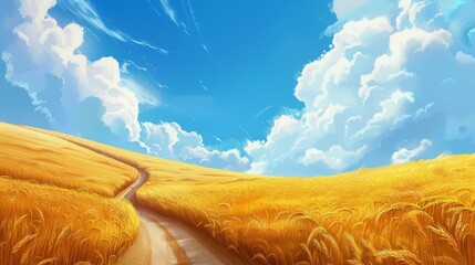 Sticker - A golden path winds through a sun kissed wheat field under a vibrant blue sky