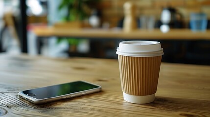 Positioned on the table theres a phone and a paper cup of coffee creating a mix of modern technology and a soothing beverage