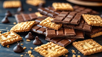 Poster -   A table with two piles of chocolate and peanut butter crackers