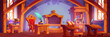 Magic wizard school room in medieval house cartoon background. Castle classroom for witch study spell and wizardry in university. Fantasy magician education interior and furniture for fairy tale scene