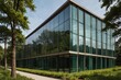 Glass office with eco-friendly design, green trees environment for sustainable building