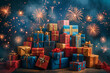 Close up of blue gift boxes with golden ribbon bow tag over blurred bokeh background with lights. Christmas decoration. Greeting festive image. 