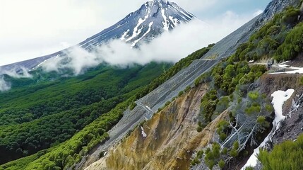 Poster -   A picturesque shot of a mountain peak with a train winding through its foreground and wispy clouds in the distance