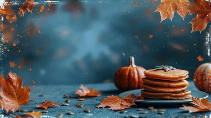 Poster -   A platter of golden pancakes atop a blue dish, surrounded by vibrant pumpkins and rustling fall foliage