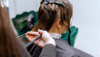 © MarijaBazarova - Woman professional hairdresser doing hair styling to client in beauty salon, cutting the ends of the hair, stylist doing hair care procedures