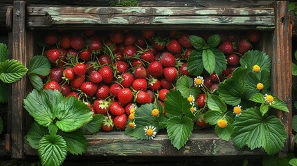 Poster -   A wooden crate filled with fresh strawberries, surrounded by lush green foliage and vibrant wildflowers on a sunny day