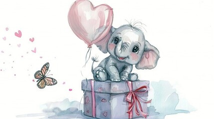 Poster -   An illustration of a baby elephant resting atop a present box with a heart-shaped balloon affixed