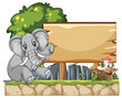 Cartoon elephant beside a wooden signboard