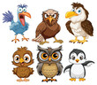 Five different cartoon birds showing various expressions