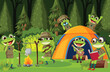 Frogs enjoying camping activities in the forest