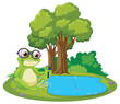 Cartoon frog fishing beside a small blue pond