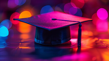 Graduate university Education celebration concept with a single Graduation cap with lighting vibrant colors background.