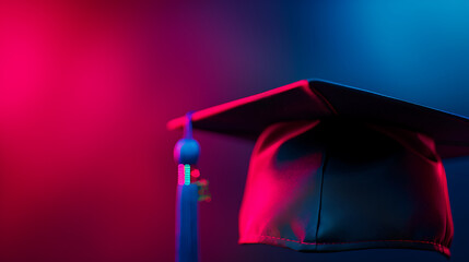 Wall Mural - Graduate university Education celebration concept with a single Graduation cap with lighting vibrant colors background.