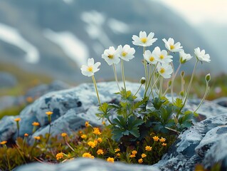 Delicate Alpine Flowers Blooming in Rugged Mountain Landscape Capturing the Beauty and Serenity of Nature s Resilience