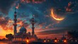 silhouette of Islamic mosque during sunset sky with crescent moon at night