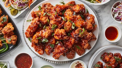 Wall Mural - A festive spread of spicy Korean fried chicken tenders served on a communal platter, surrounded by colorful side dishes and garnishes, against a backdrop of lively dinner party ambiance