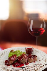 Poster - Red wine with tasty grilled meat in Restaurant