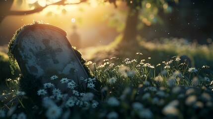 Wall Mural - Old gravestone in the garden at sunset. 3d rendering.