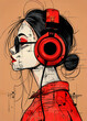 Retro Vibes: Young Girl in Large Red Headphones