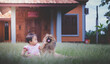 Baby asian girl Play with fun in the grass in front of the house. happily