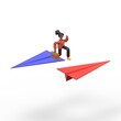 3D illustration of african american woman Coco jumps from one plane to another flying in the opposite direction.3D rendering on white background