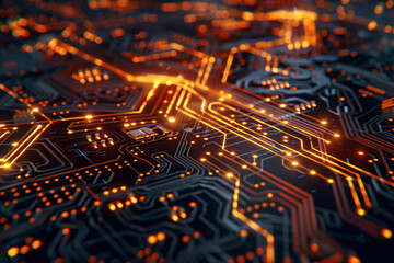Abstract Sci-fi technology background with golden illuminated circuits