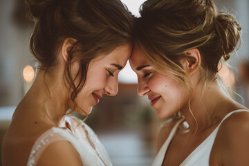 Wall Mural - Young smiling couple of lesbian brides in wedding dresses facing each other