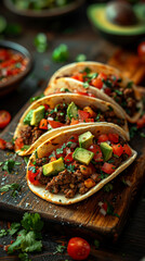 Wall Mural - Mexican beef tacos with fresh avocado and salsa, ideal for restaurant menus and culinary blogs. Trendy Mexican food.